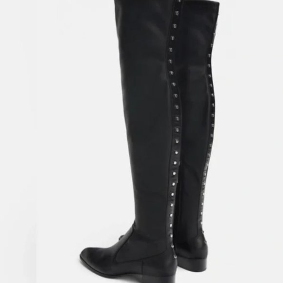 Zara Thigh High Studded Faux Leather Boots Black Low Heel - Picture 2 of 6